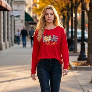 EUC Plus Size Red Long Sleeve Crew Neck Graphic Tee Shirt Fall Pumpkins - 3XL